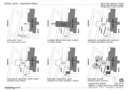 KUTNÁ HORA - HŘBITOV U VŠECH SVATÝCH | Úprava a kultivace prostoru před vstupem - křížení dvou světů. Půdorysná schémata.